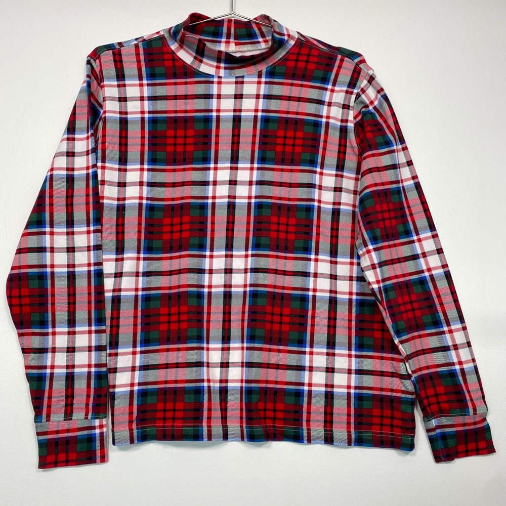Lands End Women Mock Neck Top L Red Plaid Long Sleeve Relaxed Fit Cotton Holiday